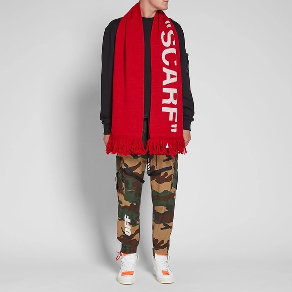 Off-White Intarsia-knit Extra Long Red White Logo Fringed Wool Scarf - Picture 7 of 7